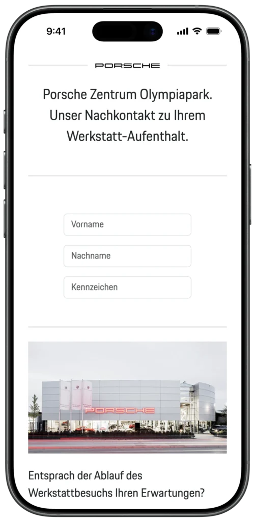 Porsche Zentrum Olympiapark Screenshot Kundenbefragung Mobile